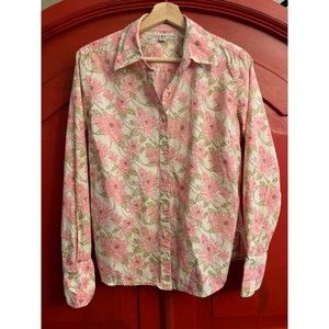Tommy Hilfiger Pink Floral With Striped Cuff Button Down Shirt EUC Not a Spot 10